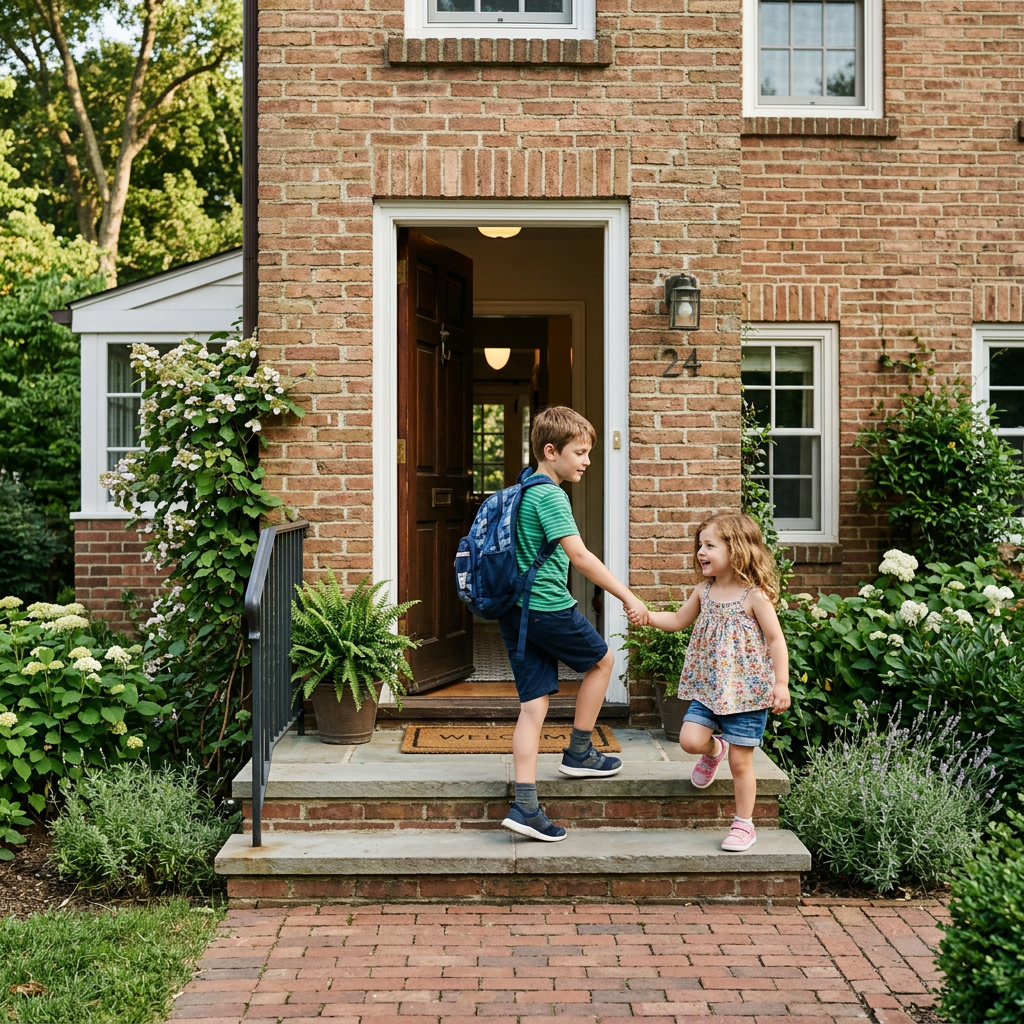 Boy with backpack holding hands with girl on front steps of brick home