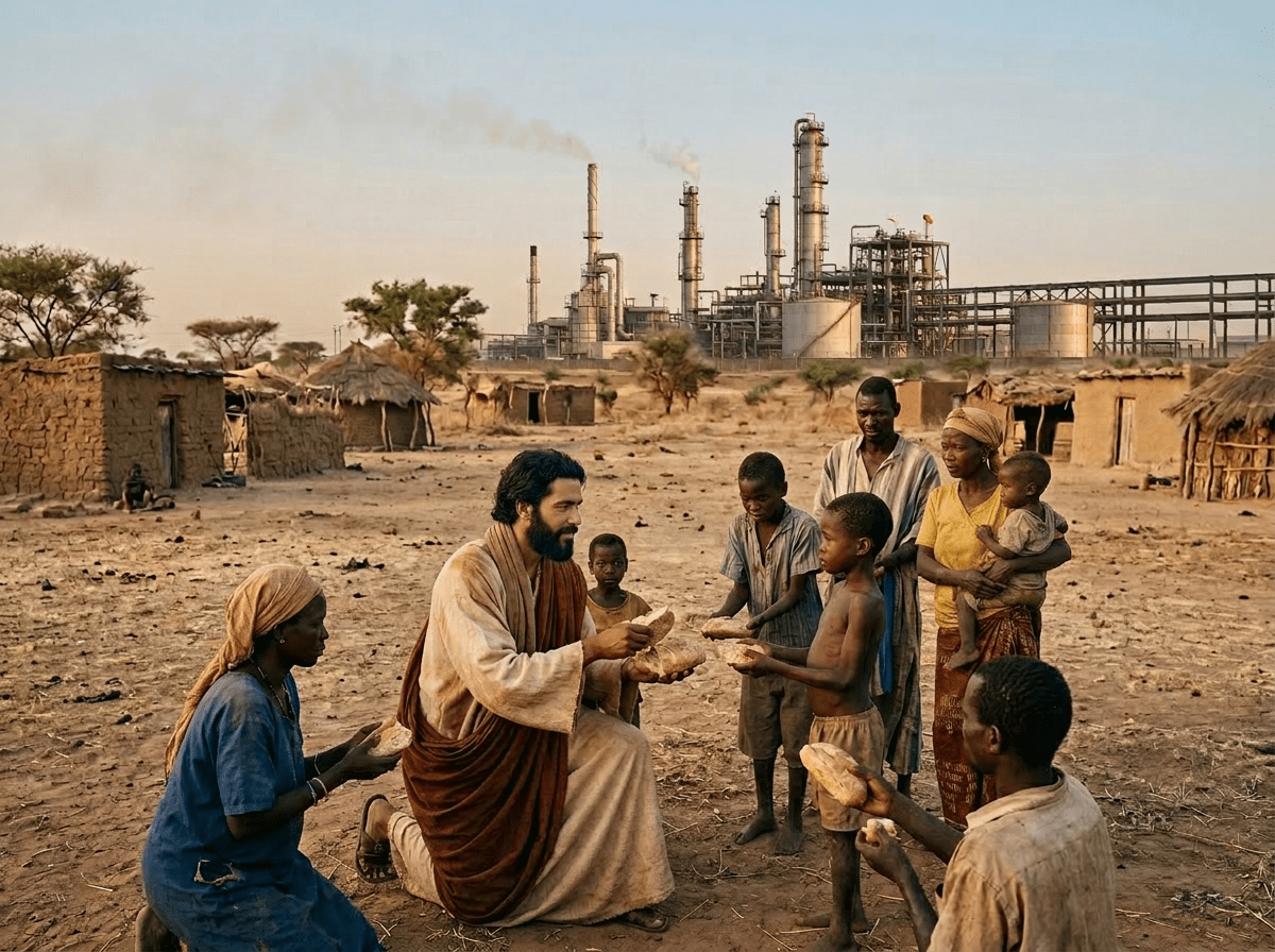 Man giving bread to children and adults in a rural village near an industrial refinery