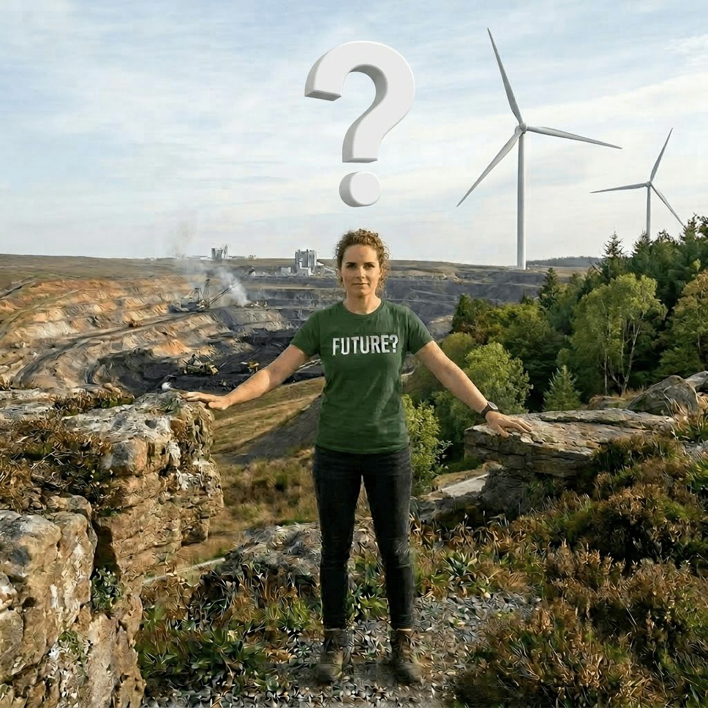 Woman touching wind turbine near coal mining site with wind turbines in background